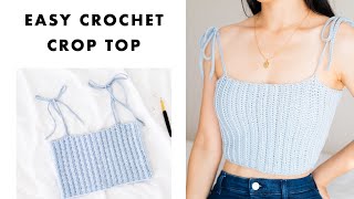 Easy Crochet Crop Top  How to crochet a Ribbed Singlet with Tie Straps [upl. by Nevanod]