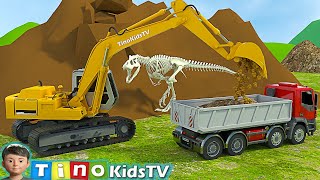 Excavator Driller amp Dump Truck for Kids  Finding Dinosaur Bones [upl. by Ynffit]