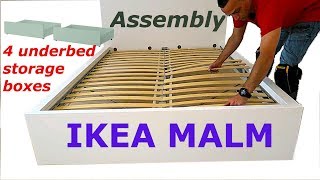 Ikea MALM Bed frame assembly with 4 storage boxes Whiteluröy [upl. by Amadeus]