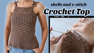 Easy Crochet Lace Top Shell and VStitch Lacy Tank Top \\ Free Pattern [upl. by Anua]