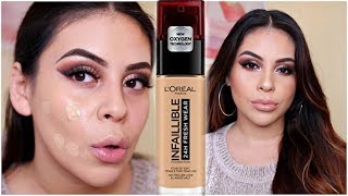 NEW LOREAL INFALLIBLE FRESH WEAR 24HR FOUNDATION FIRST IMPRESSION REVIEW amp DEMO  JuicyJas [upl. by Aloivaf]