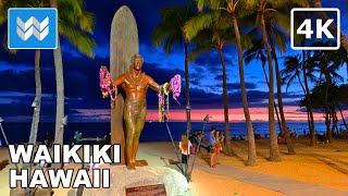 4K Waikiki Beach at Night in Honolulu Hawaii USA Walking Tour amp Travel Vacation Guide Kalakaua [upl. by Germain]