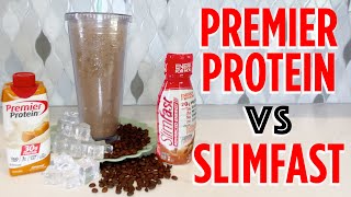 The BEST Iced Coffee Protein Shake  Premier Protein vs SlimFast Protein  Caramel Mocha Frappuccino [upl. by Nhguavad]