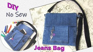 DIY Jeans Bag Recycling No Sew  How To Make Hand Bag Purse From Old Denim  Old Jeans Crafts [upl. by Laval]