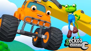 Monster Truck Rescue  Gecko Dont Fall  Geckos Garage  Excavators amp Monster Trucks For Kids [upl. by Enitnelav463]