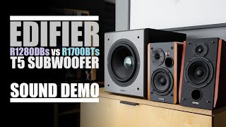 Edifier R1280DBs  T5 sub vs Edifier R1700BTs  T5 sub  Sound Comparison [upl. by Lyrehc]