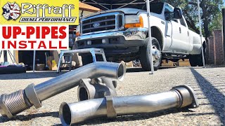 2001 F350 73  RiffRaff UpPipes Install  Stock up pipes leaking and falling apart JUNK SP [upl. by Akcirederf413]