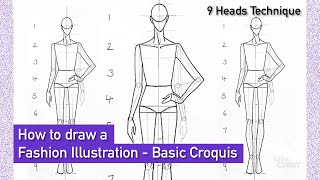 How to draw a Fashion Illustration  Step by step  Basic Croquis in front Pose  9 Heads [upl. by Noitsirhc]