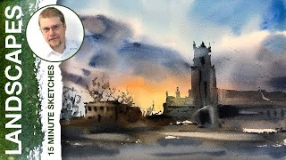 101 Cobalt Blue and Mixing Grey Color Watercolor Landscape Tutorial [upl. by Eilyab]