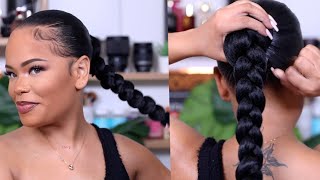 SUPER SLEEK LONG BRAIDED PONYTAIL ON NATURAL HAIR  Protective Style  Arnellarmon [upl. by Nillek]