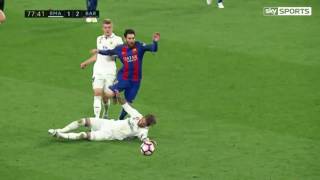 Sergio Ramos was shown a straight red card for this twofooted lunge on Barcelonas Lionel Messi [upl. by Jeannette]