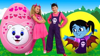 Sasha and Max play with Giant Surprise Eggs amp compete in Toys Challenge [upl. by Iew]