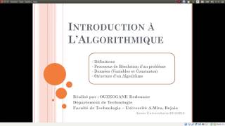 Cours 01  Introduction à lAlgorithmique [upl. by Anyr37]